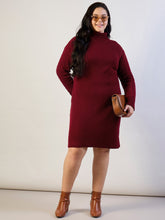 Maroon Acrylic Wool High Neck Short Dress SASSAFRAS CURVE